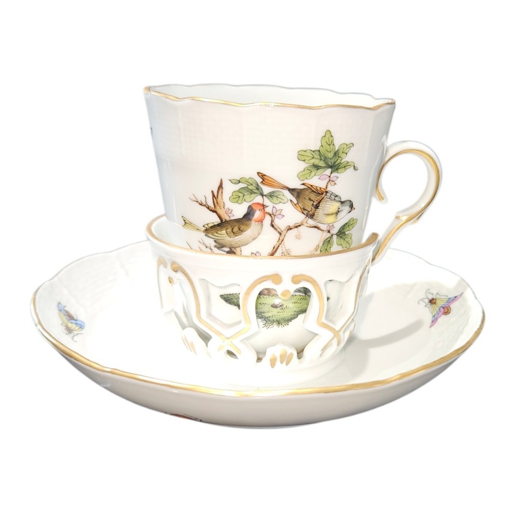 Herend Rothschild Bird Teacup Saucer Set Hand Painted‎ Porcelain Hungary 715 713